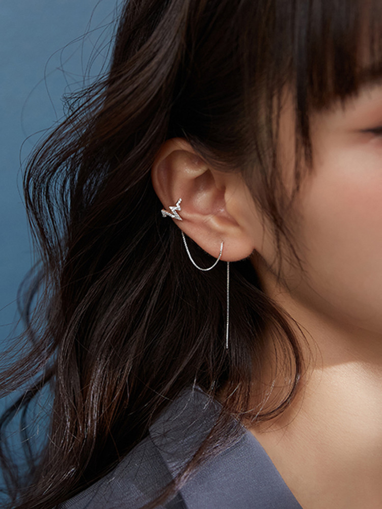 Ear Cuff No Piercing - Real 925 Sterling Silver Double Chain