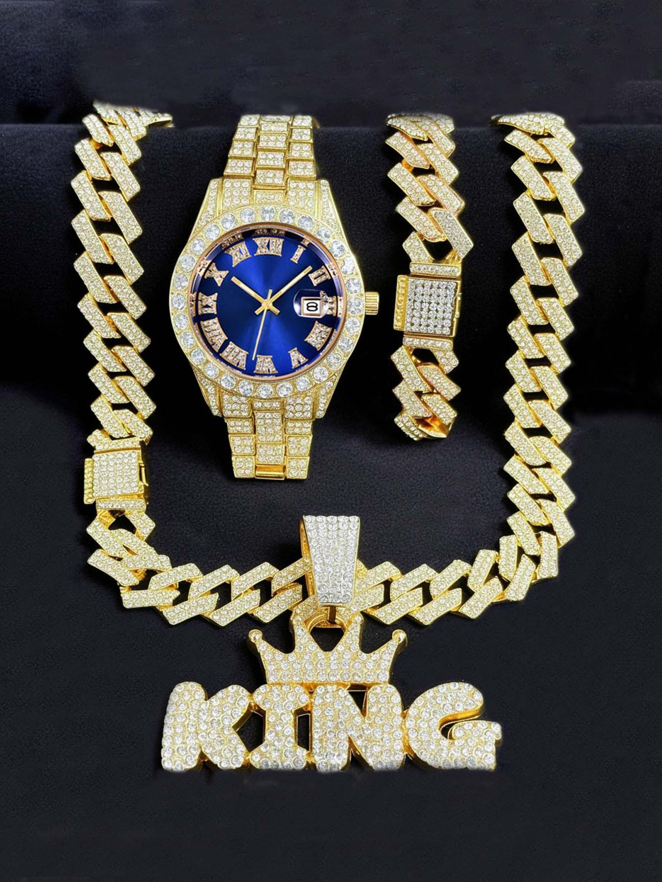 King'S Jewelry Watches - Men's Bling Jewelry Set: Gold Iced